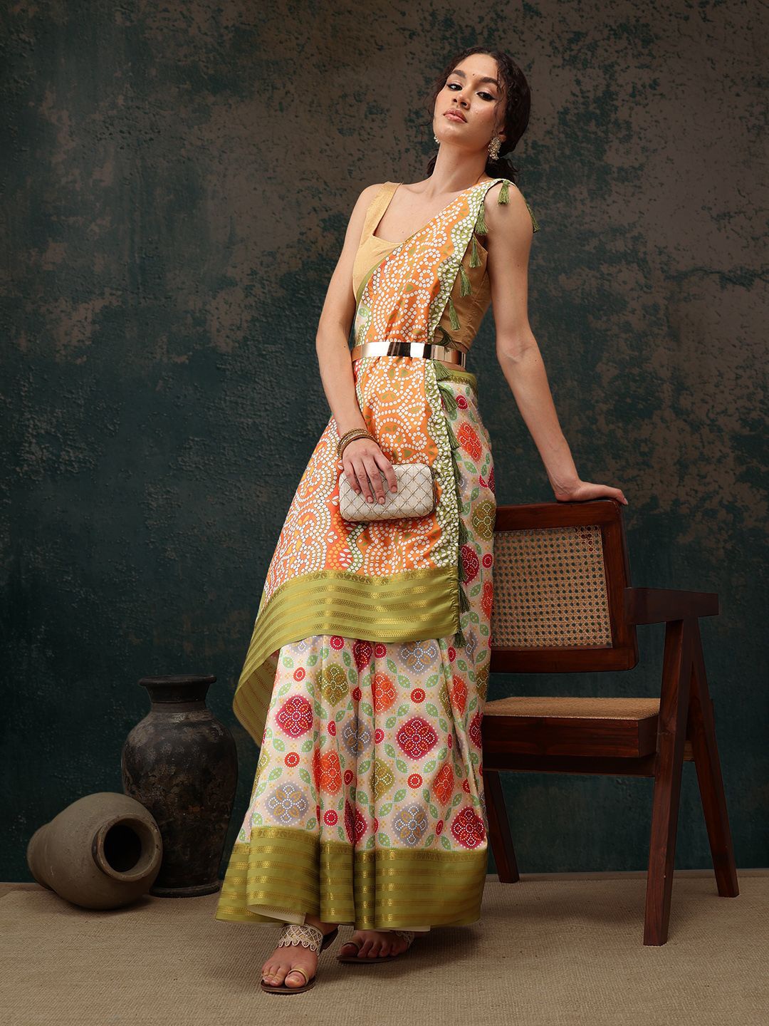 

Silk Land Bandhani Digital Print Saree, Cream