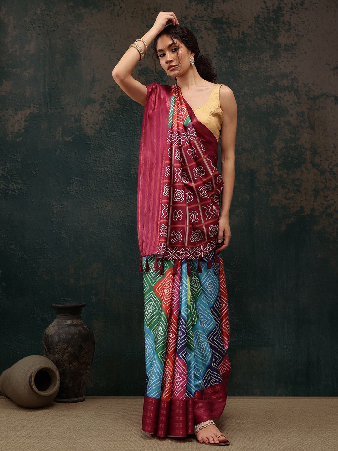 

Silk Land Bandhani Digital Print Saree, Maroon