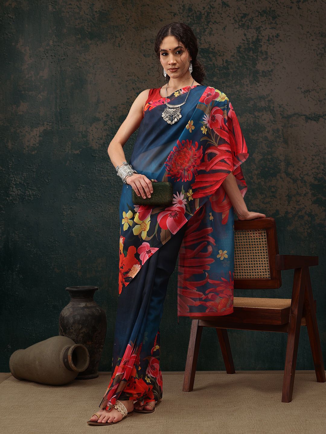 

Silk Land Floral Chanderi Digital Print Saree, Blue