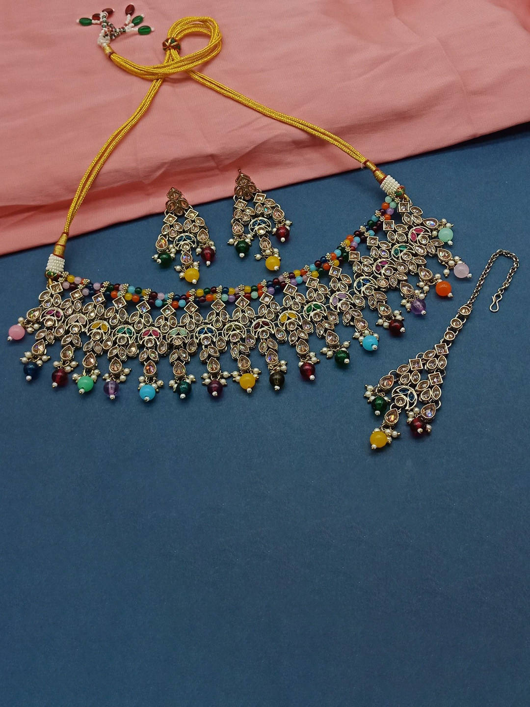 

AASHISH IMITATION American Diamond-Studded & Beaded Jewellery Set, Gold