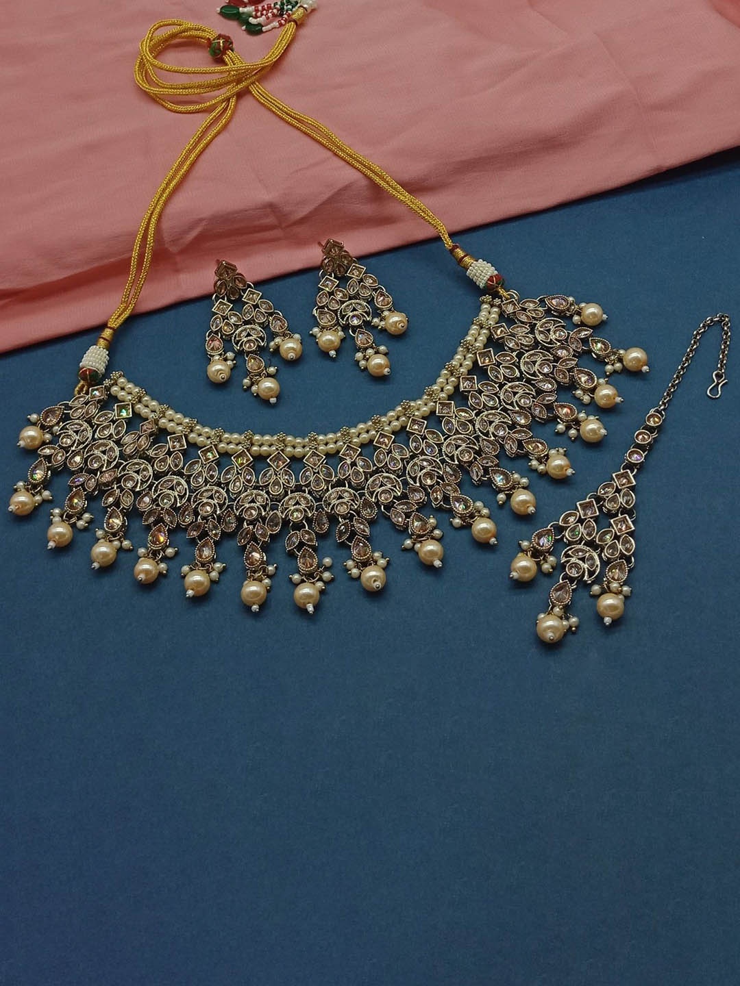 

AASHISH IMITATION American Diamond-Studded & Beaded Jewellery Set, Gold