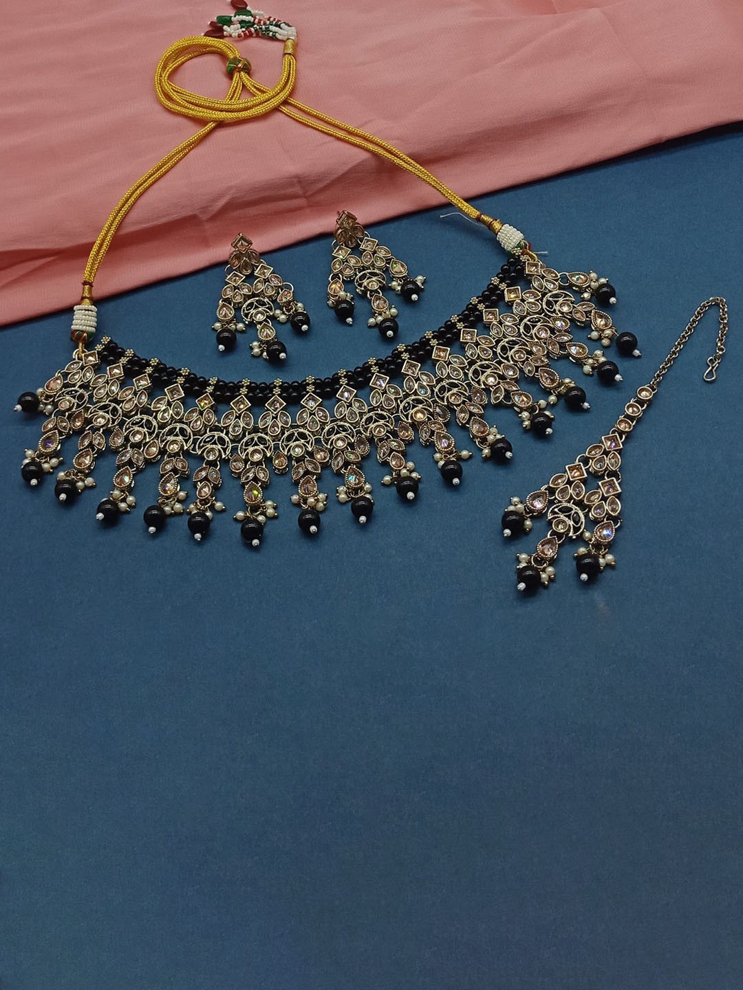 

AASHISH IMITATION American Diamond-Studded & Beaded Jewellery Set, Gold