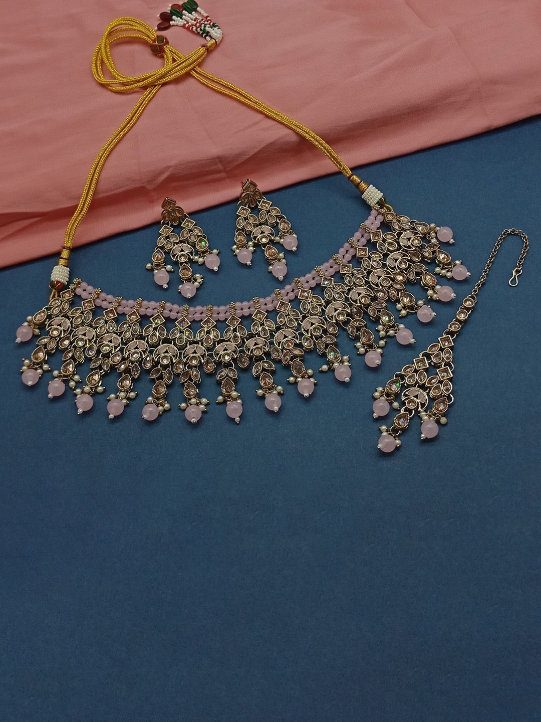 

AASHISH IMITATION American Diamond-Studded & Beaded Jewellery Set, Gold