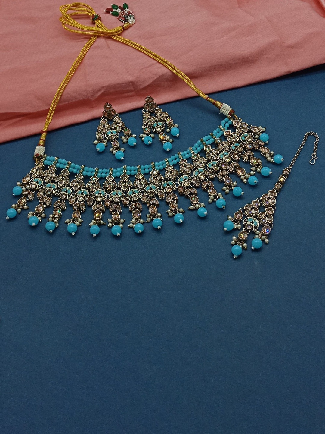 

AASHISH IMITATION American Diamond-Studded & Beaded Jewellery Set, Gold