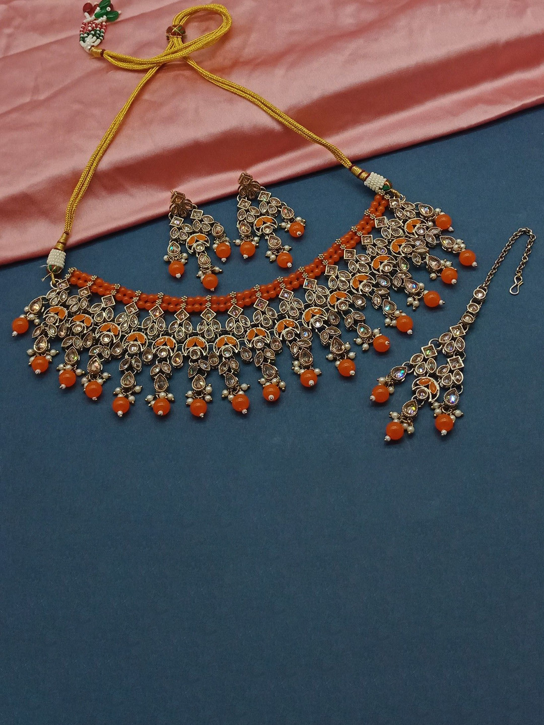 

AASHISH IMITATION American Diamond-Studded & Beaded Jewellery Set, Gold