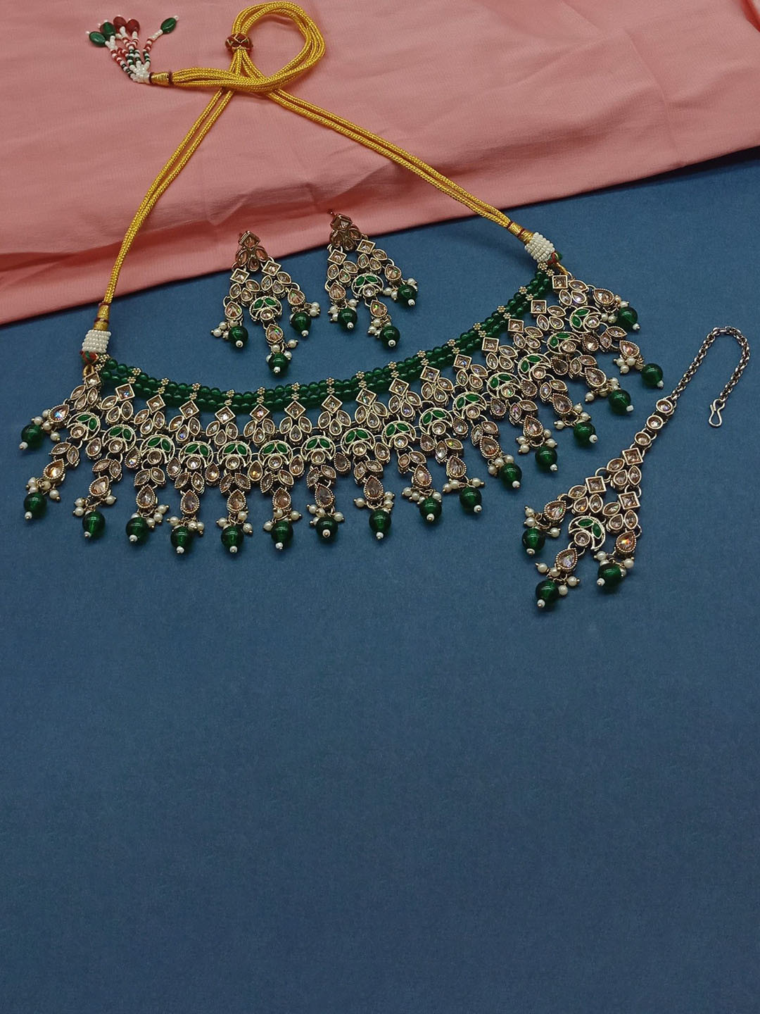 

AASHISH IMITATION American Diamond-Studded & Beaded Jewellery Set, Gold