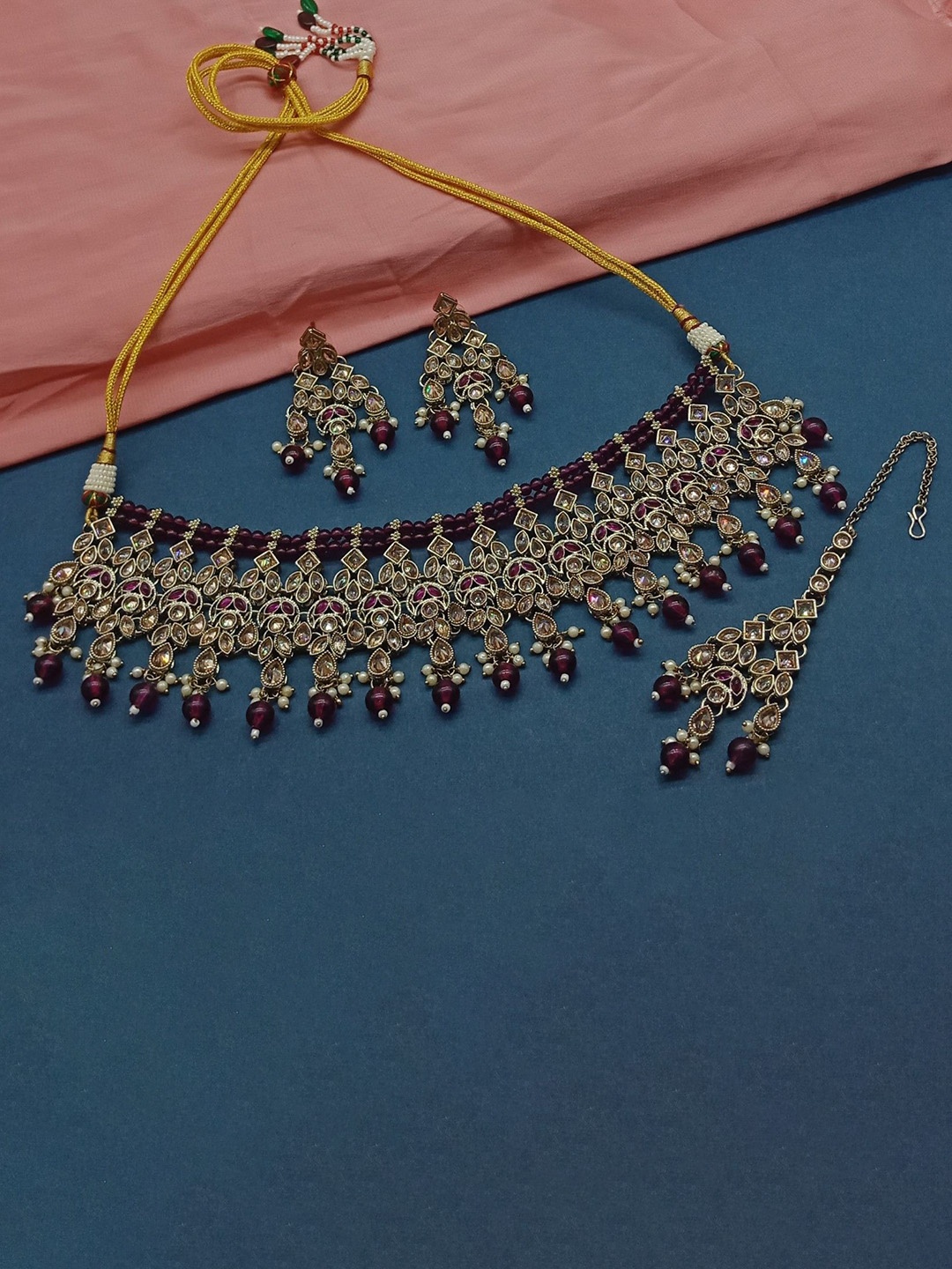 

AASHISH IMITATION American Diamond-Studded & Beaded Jewellery Set, Gold