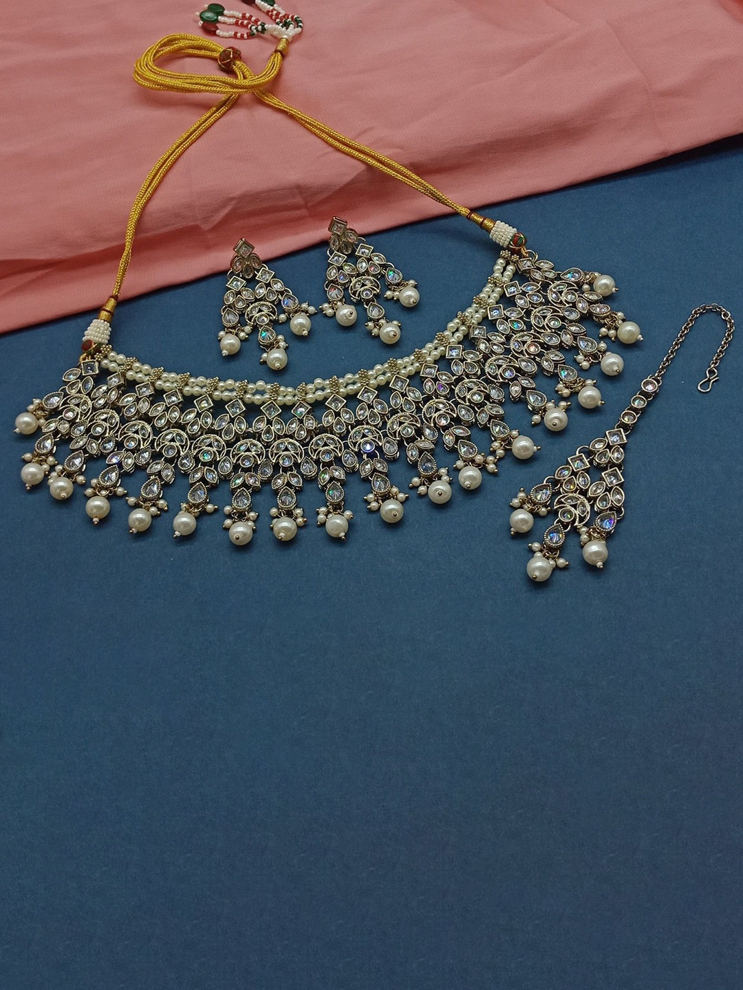

AASHISH IMITATION American Diamond-Studded & Beaded Jewellery Set, Gold