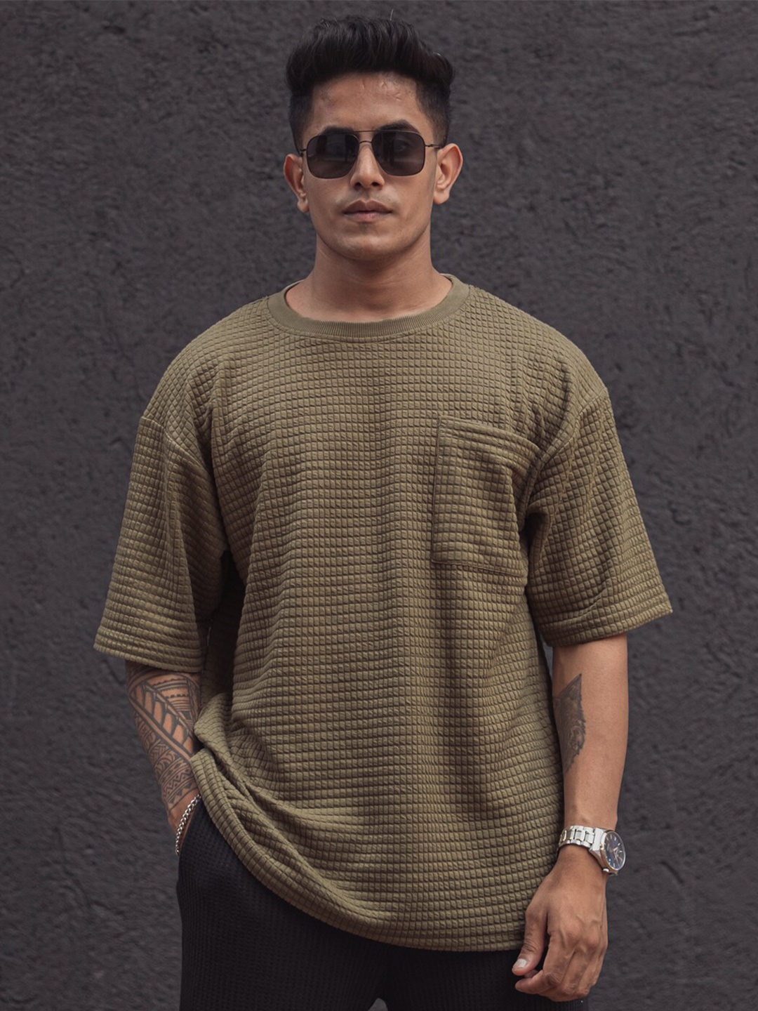 Powerlook Men Self Design Oversized Pockets T-shirt, Beige