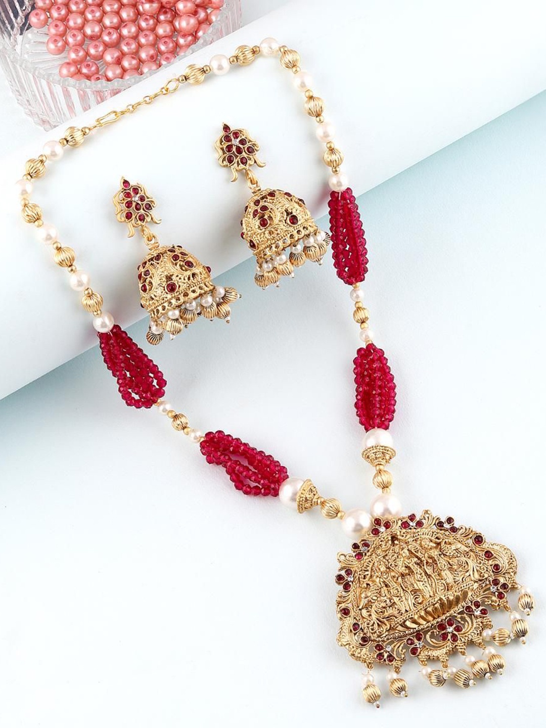 

MANSIYAORANGE Gold-Plated Stone-Studded & Beaded Necklace Set