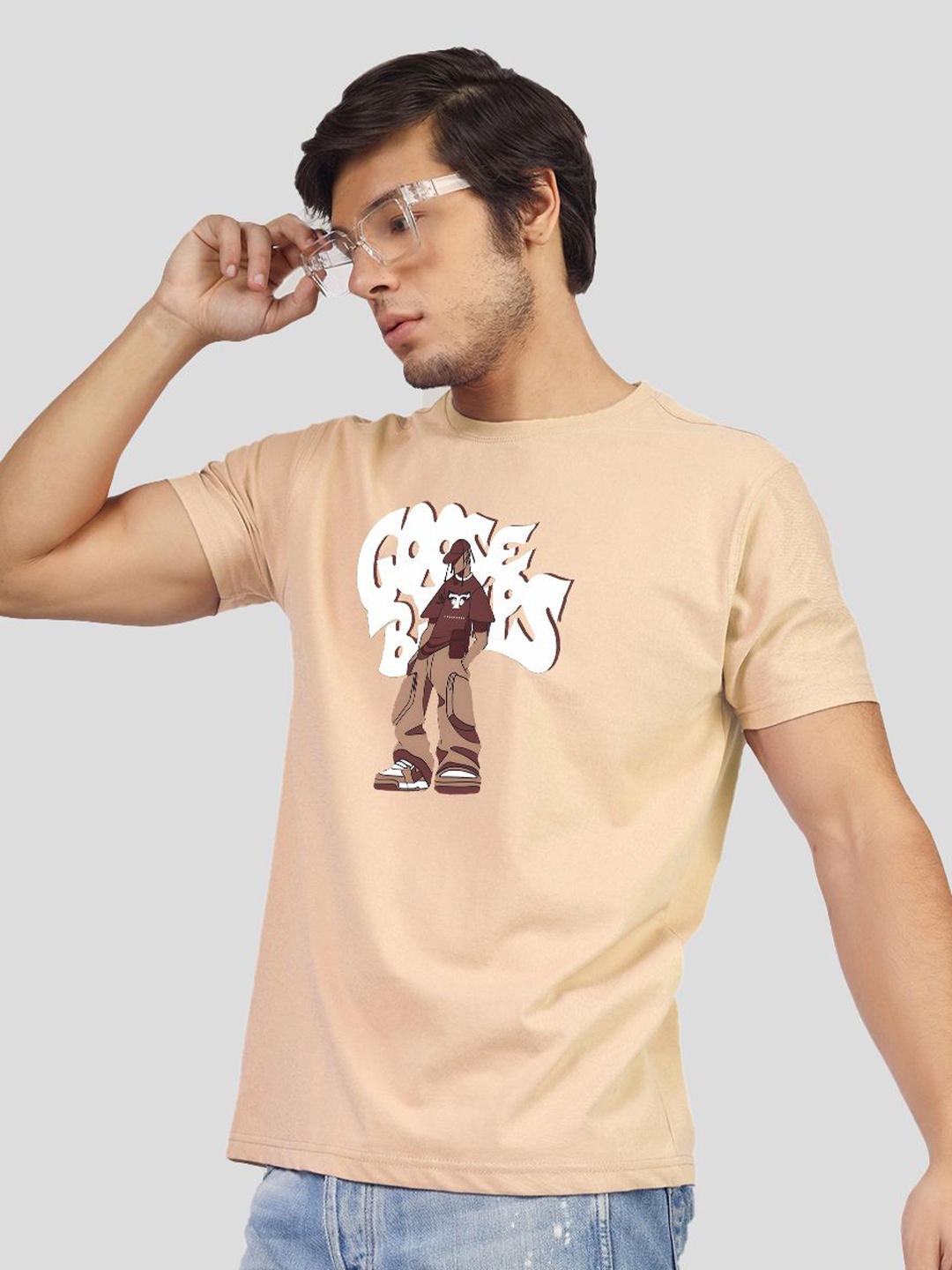

Greylongg Men Graphic Printed Round Neck T-shirt, Beige