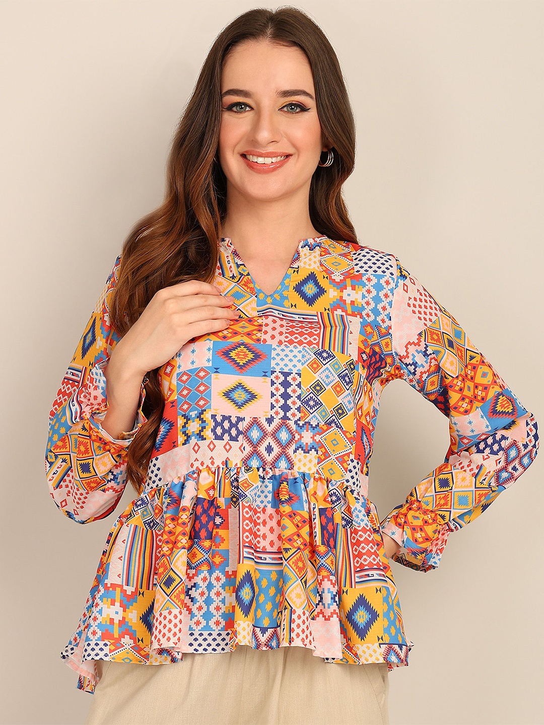 

Fashfun Geometric Printed Mandarin Collar Peplum Top, Peach