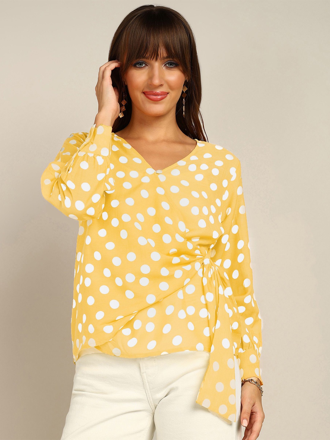 

Fashfun Polka Dot Printed V-Neck Wrap Top, Yellow