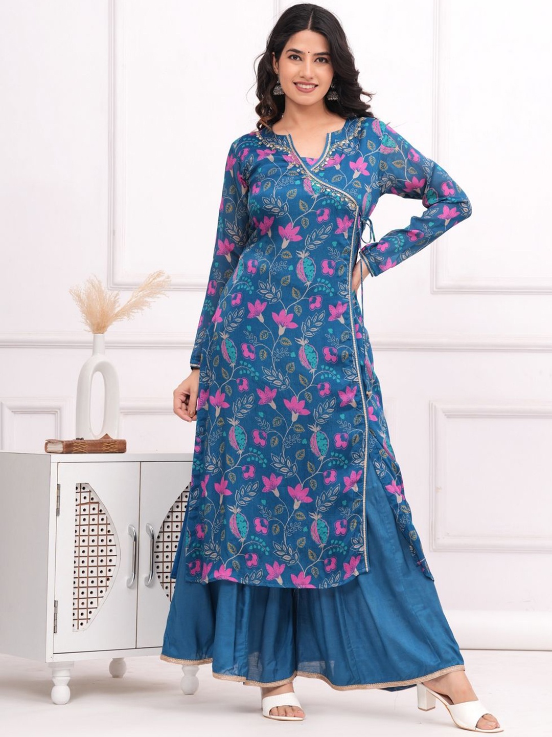 

KALINI Floral Printed Regular Beads and Stones Straight Kurta with Sharara, Blue