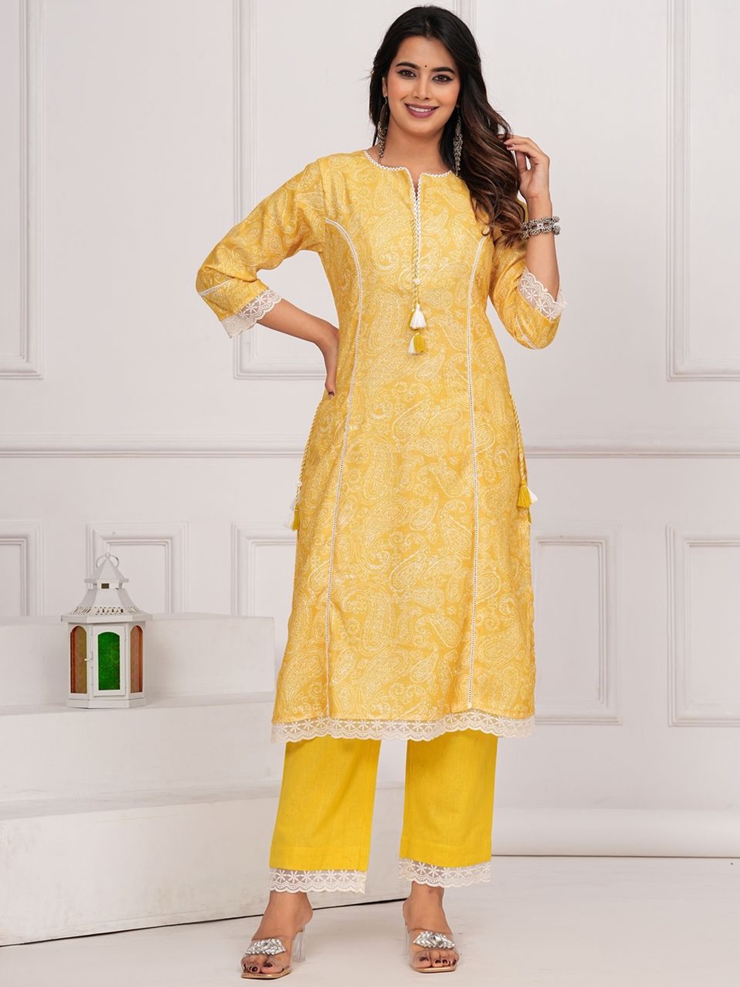 

KALINI Paisley Printed Chikankari Linen Straight Kurta With Trouser, Yellow