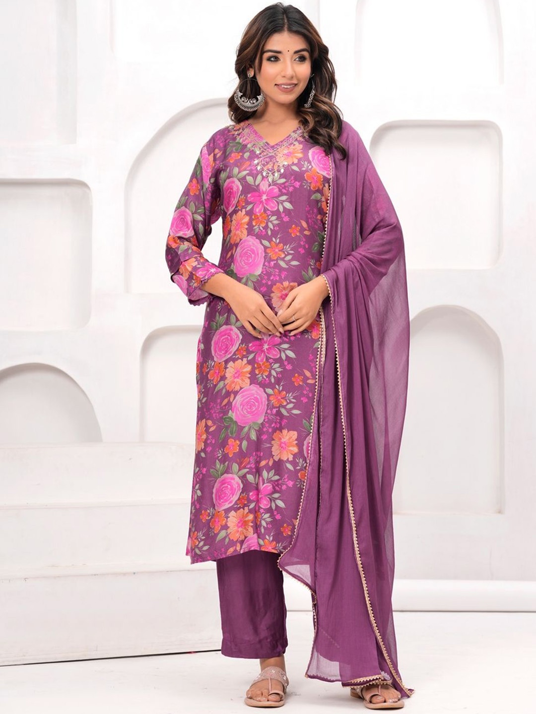 

KALINI Floral Printed Regular Thread Work Pure Silk Kurta with Trousers & Dupatta, Purple