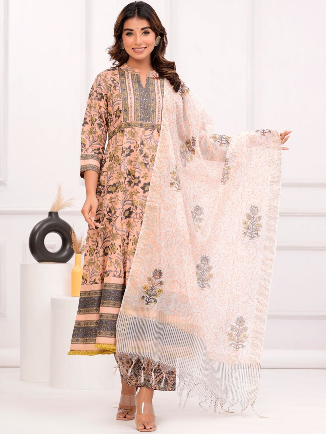 

KALINI Mandarin Collar Floral Pleated Thread Work Anarkali Kurta Set, Beige