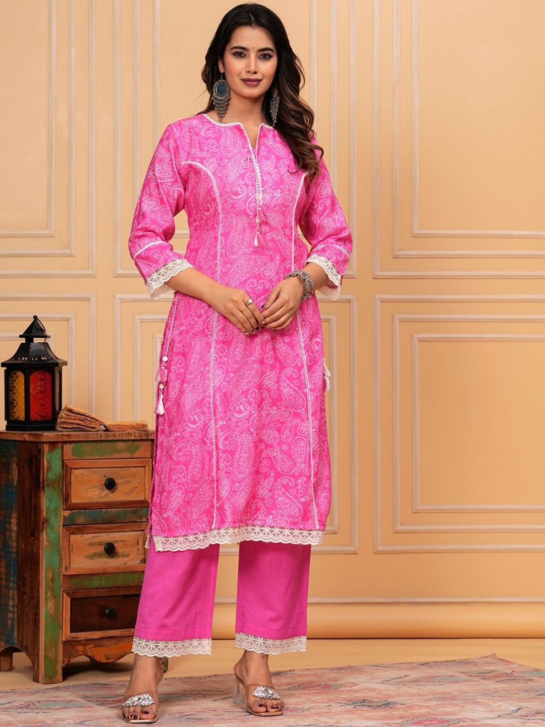 

KALINI Paisley Printed Panelled Chikankari Linen Kurta with Trousers, Pink