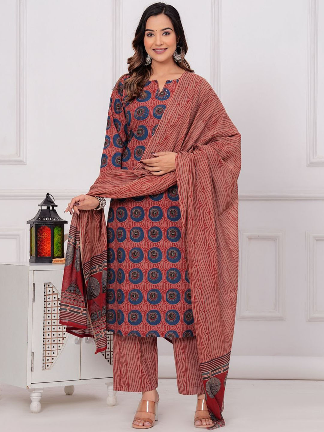 

KALINI Ethnic Motifs Printed Pure Cotton Straight Kurta With Palazzos & Dupatta, Maroon