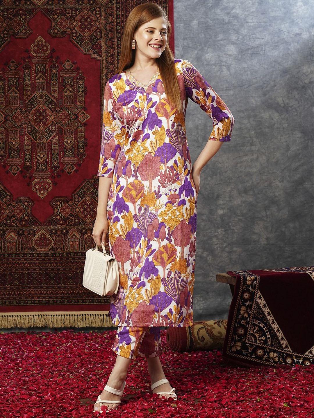 

KALINI Floral Printed Gotta Patti Regular Kurta with Trousers, Purple