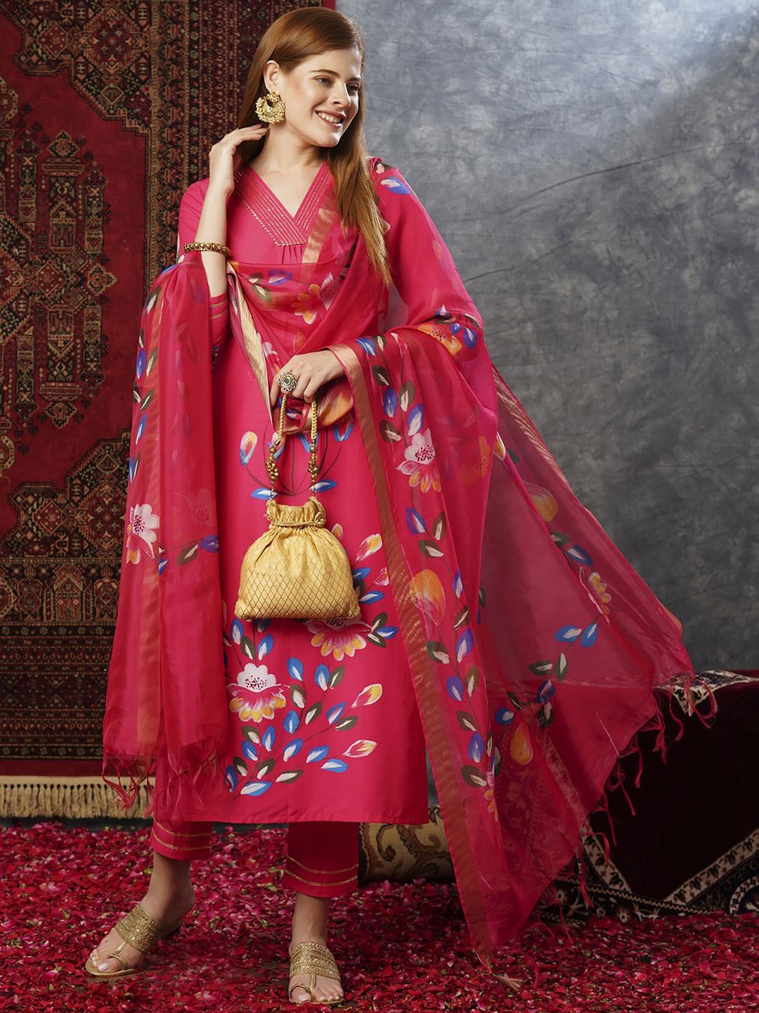 

KALINI Floral Printed Regular Thread Work Kurta with Trousers & Dupatta, Pink