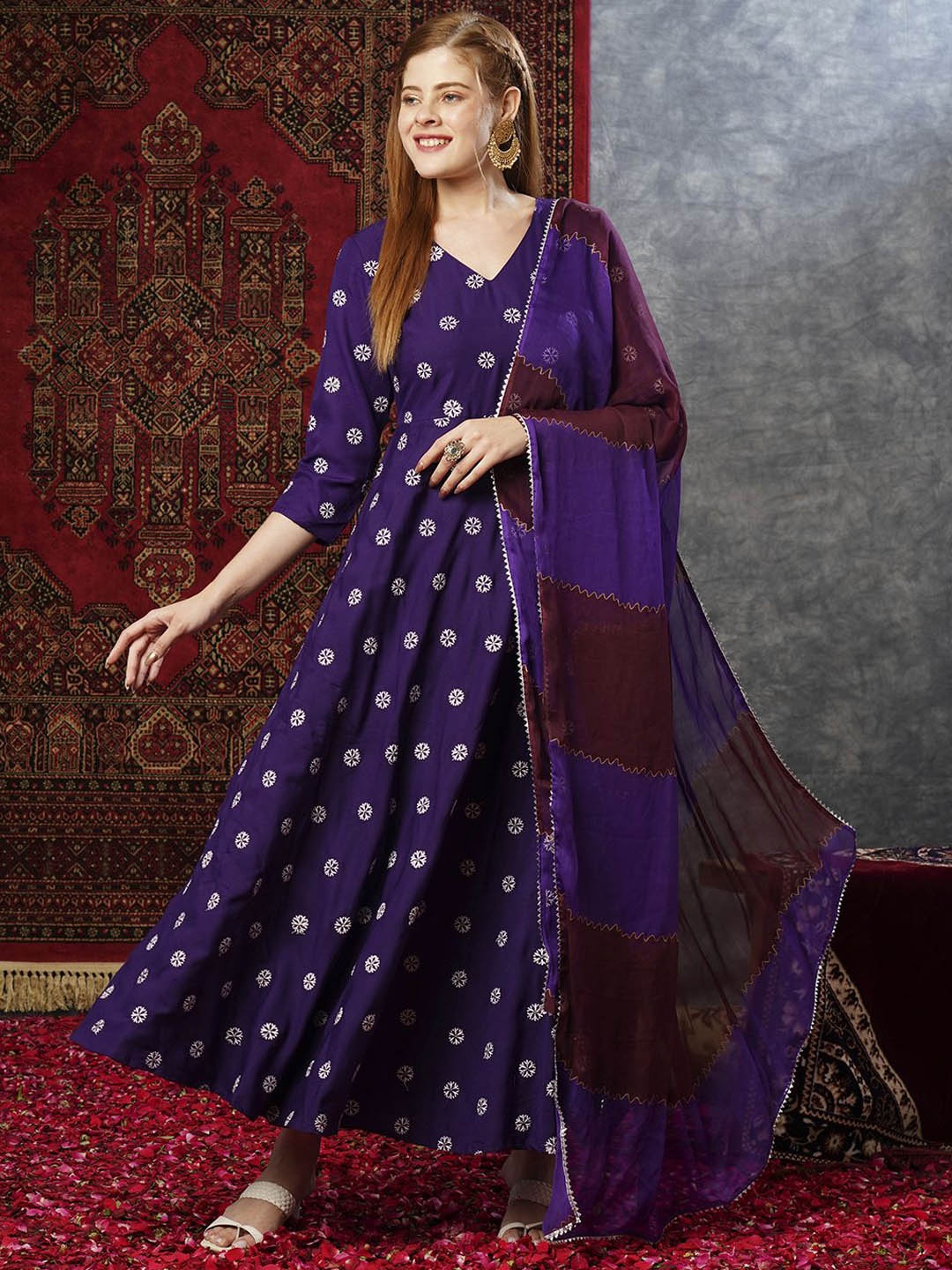 

KALINI Ethnic Motifs Regular Kurta with Trousers & Dupatta, Purple