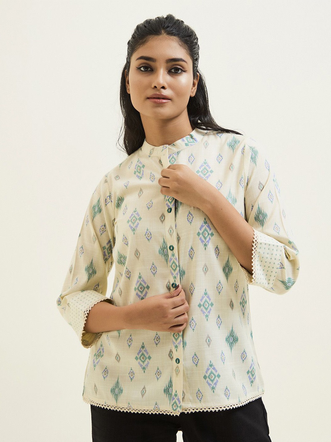 

Jaipur Kurti Ikat Printed Straight Top, Off white