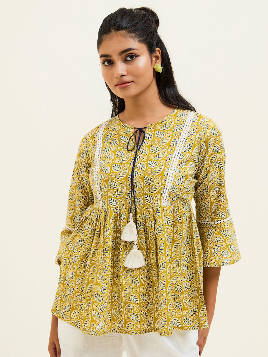 

Jaipur Kurti Printed Cotton Gathered Top, Mustard