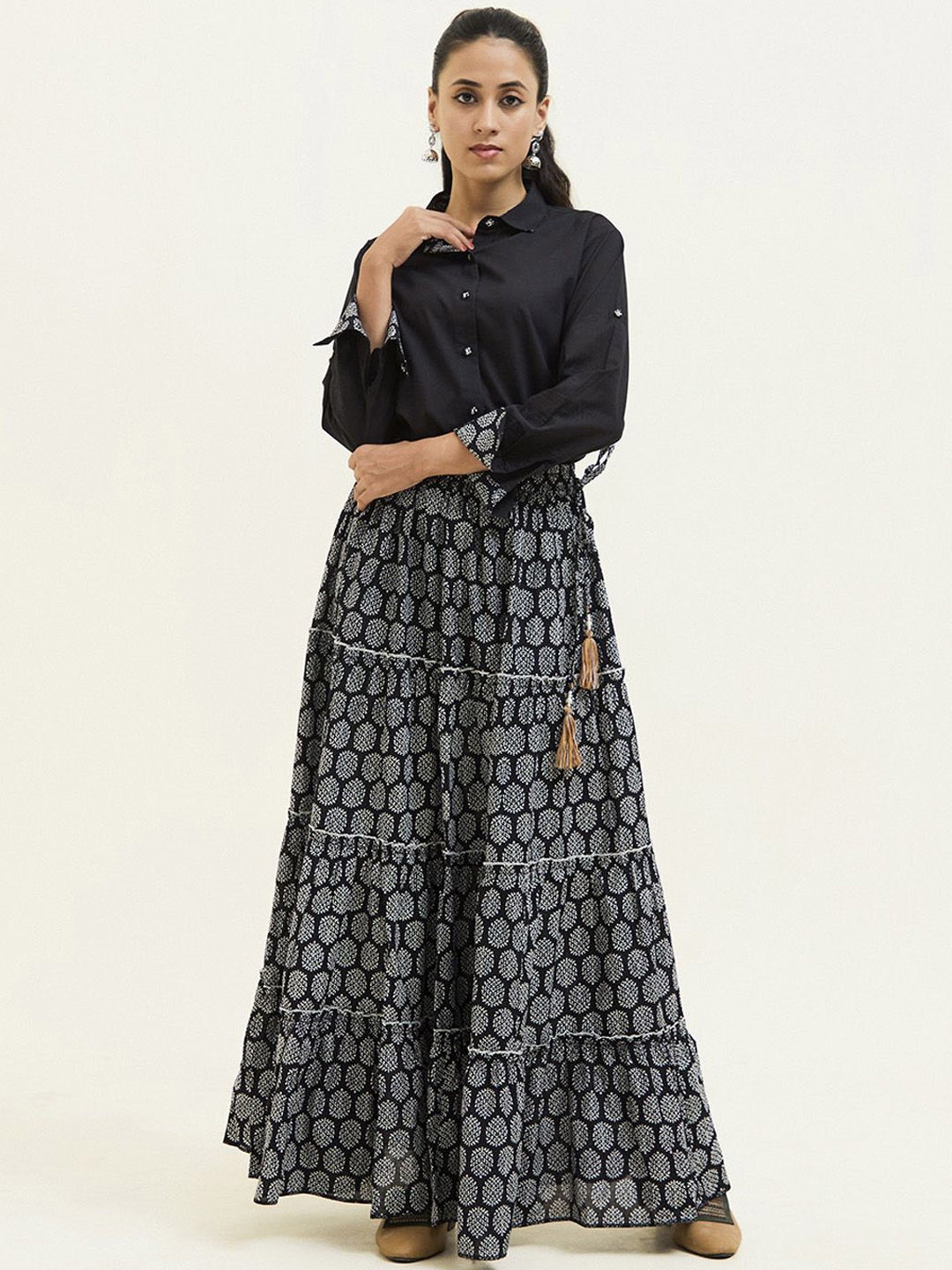 

Jaipur Kurti Handblock Printed Cotton Skirt, Black