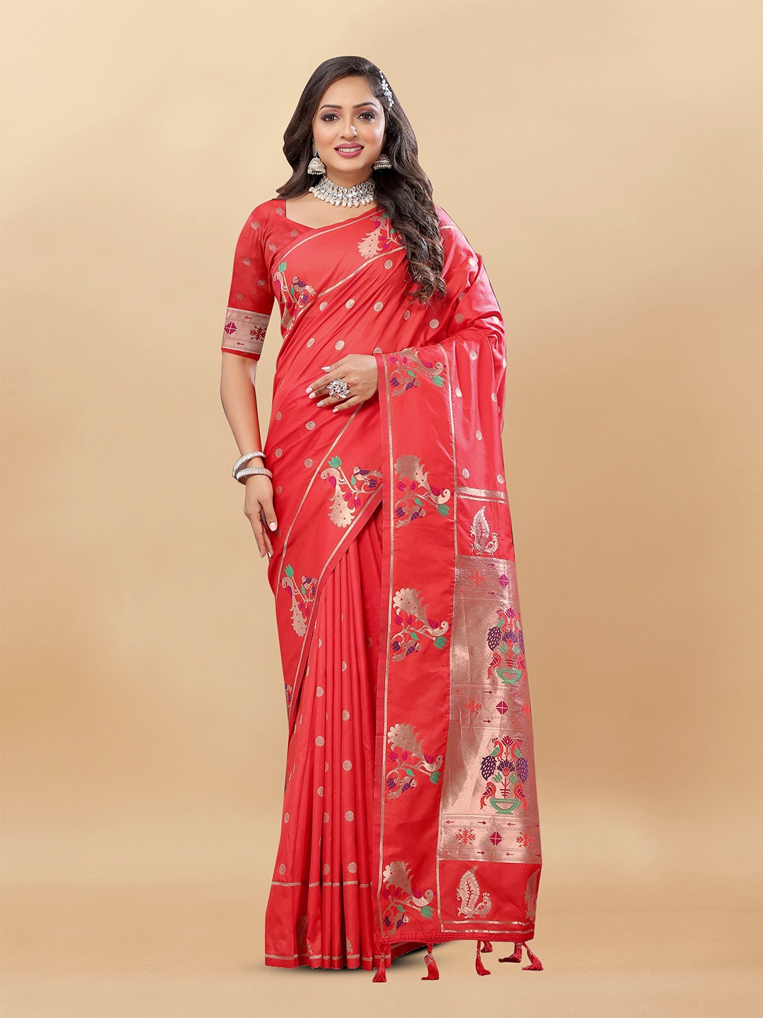 

Upalksh Woven Design Zari Silk Blend Banarasi Saree, Red