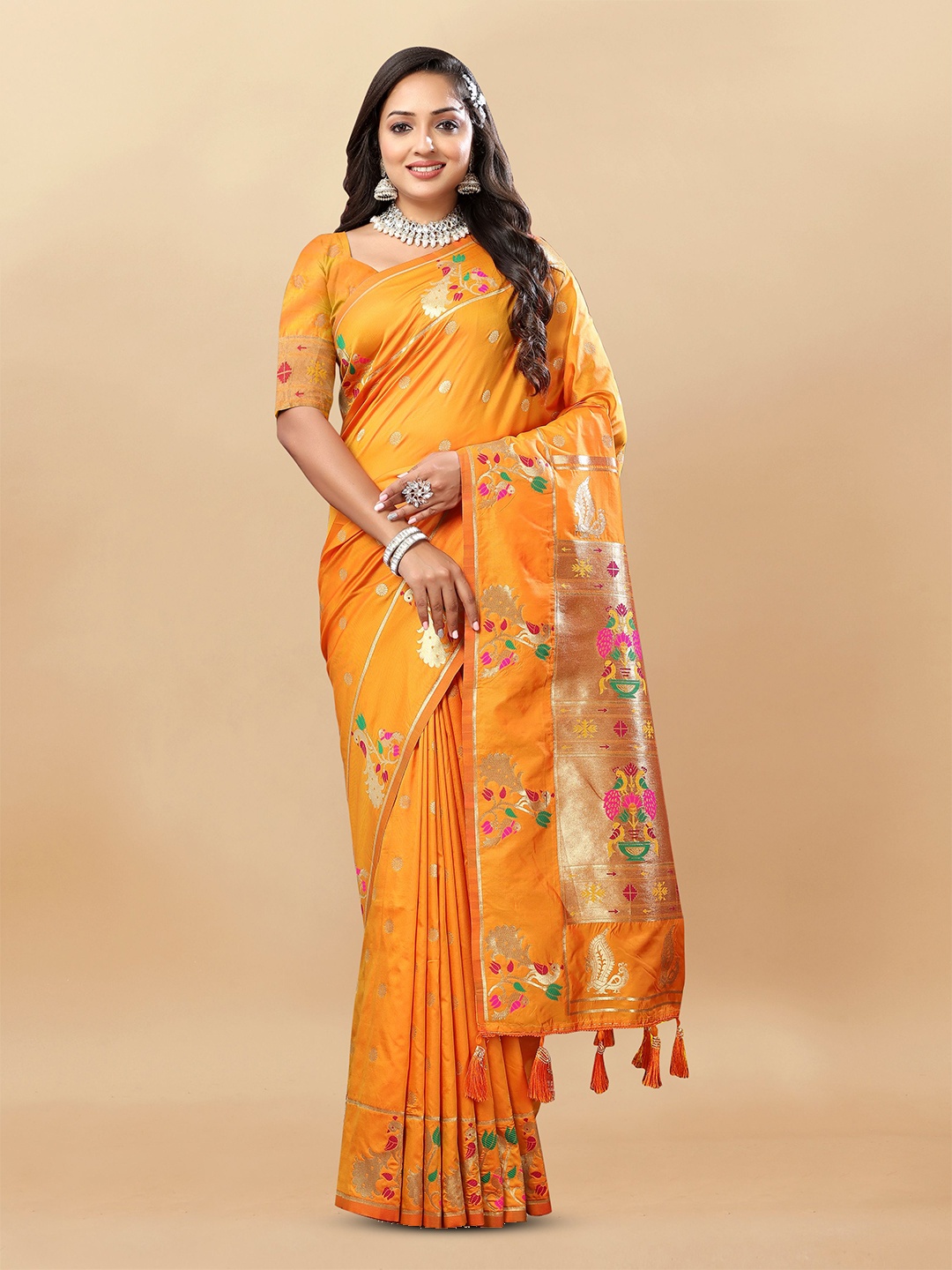 

Upalksh Ethnic Motifs Woven Design Zari Banarasi Saree, Orange