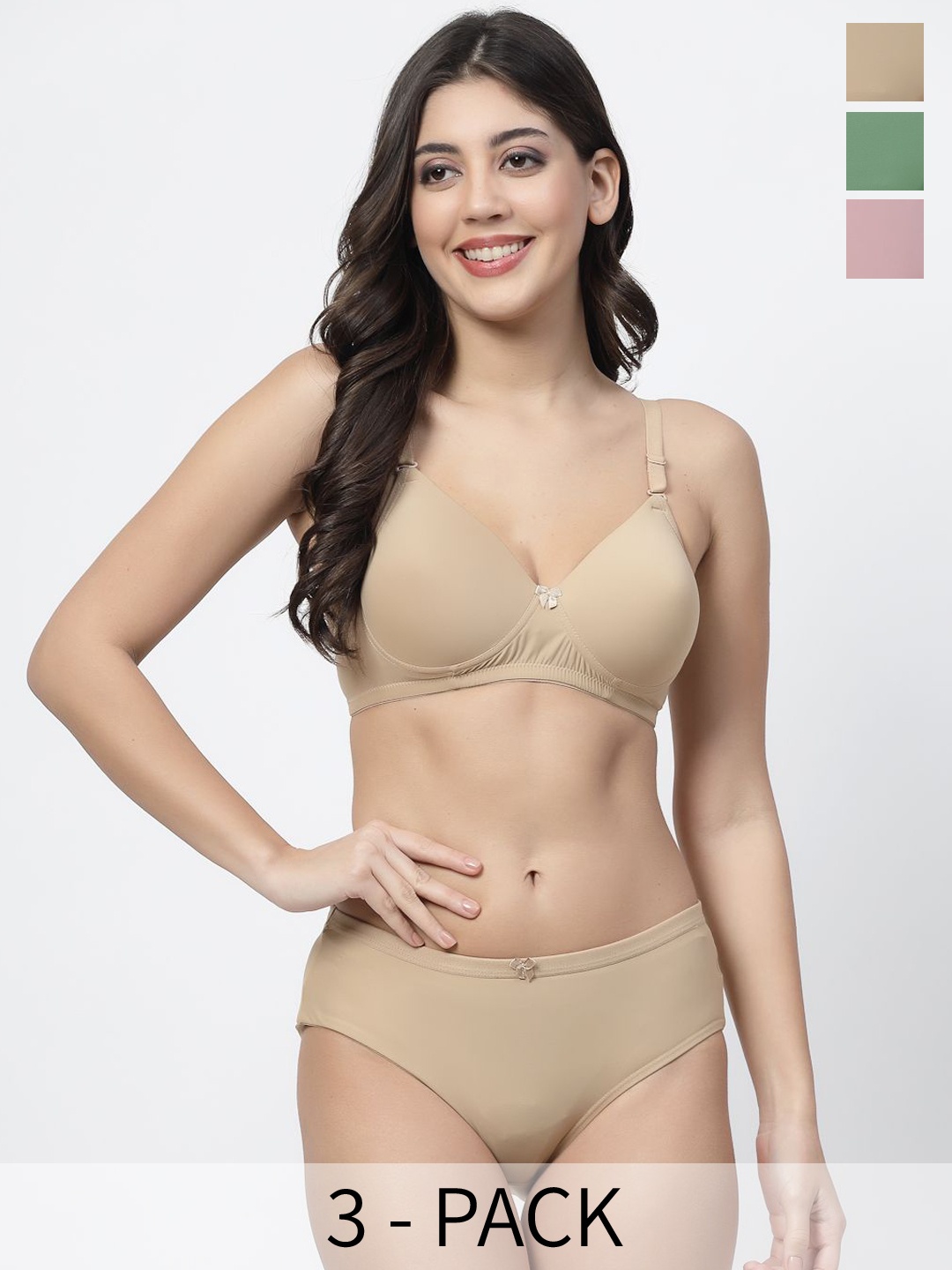 

College Girl Pack Of 3 High-Rise Lightly Padded Lingerie Set, Beige