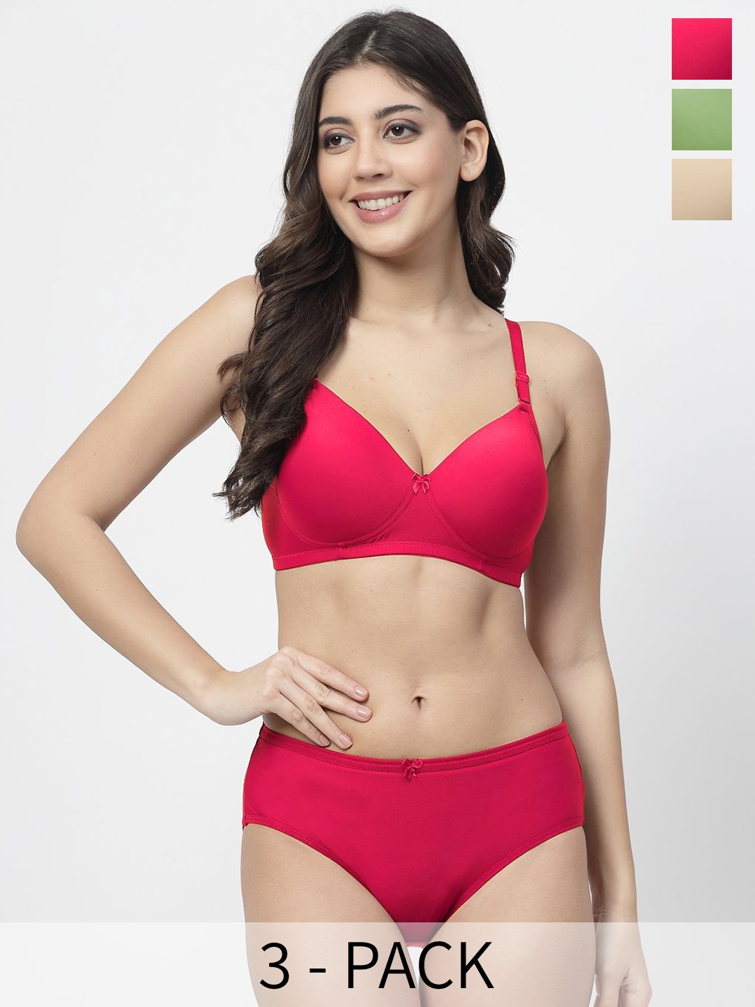 

College Girl Pack Of 3 High-Rise Lightly Padded Lingerie Set, Red