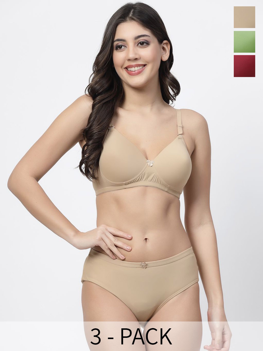 

College Girl Pack Of 3 Lightly Padded Lingerie Set, Maroon