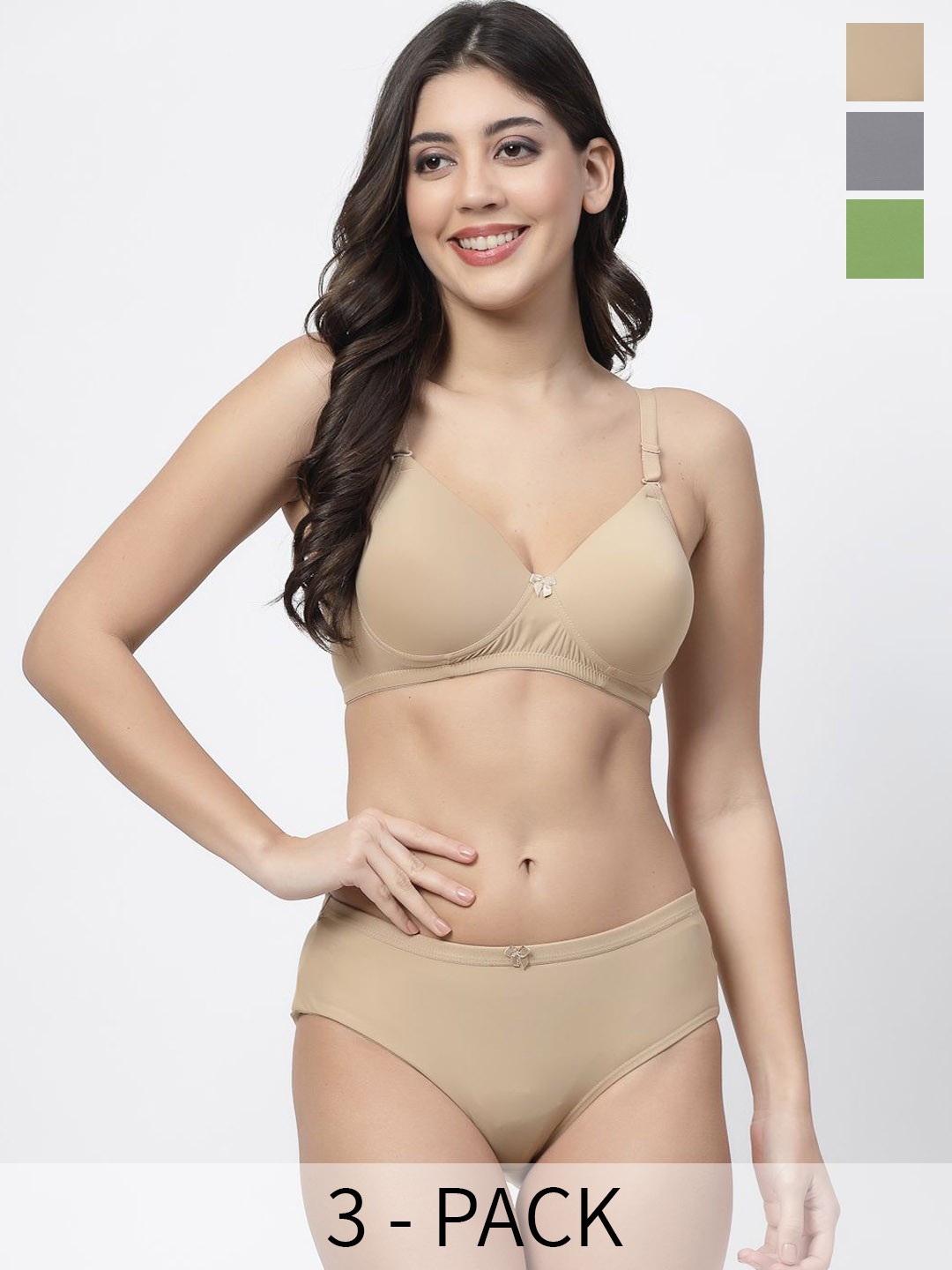 

College Girl Pack Of 3 Lightly Padded Non Wired Lingerie Set, Grey