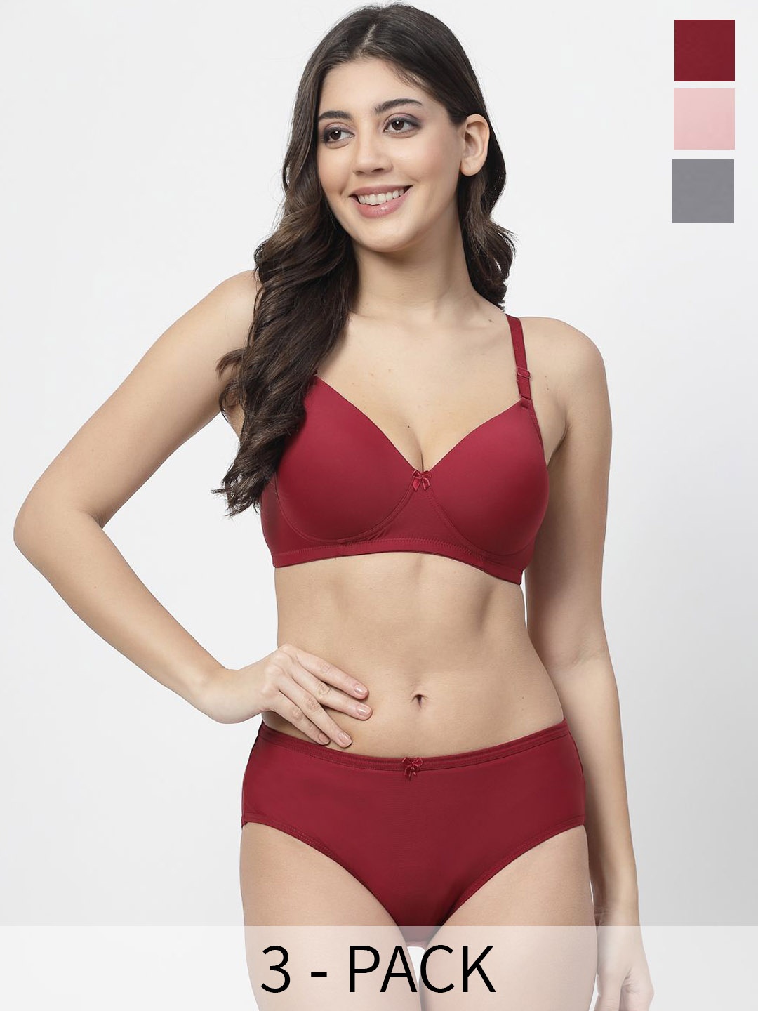 

College Girl Pack Of 3 High-Rise Lightly Padded Lingerie Set, Rose