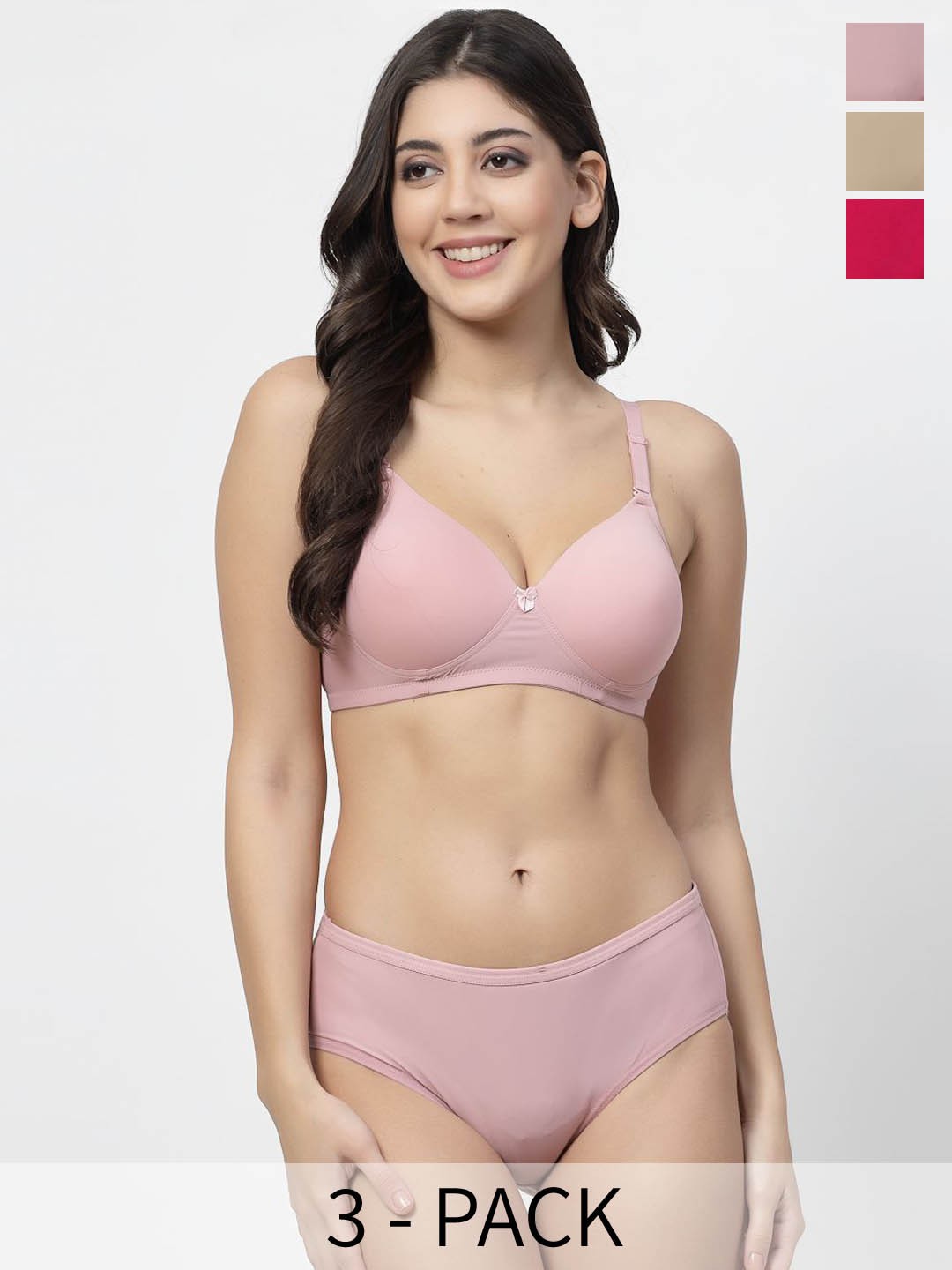

College Girl Pack of 3 Lightly Padded Lingerie Set, Beige