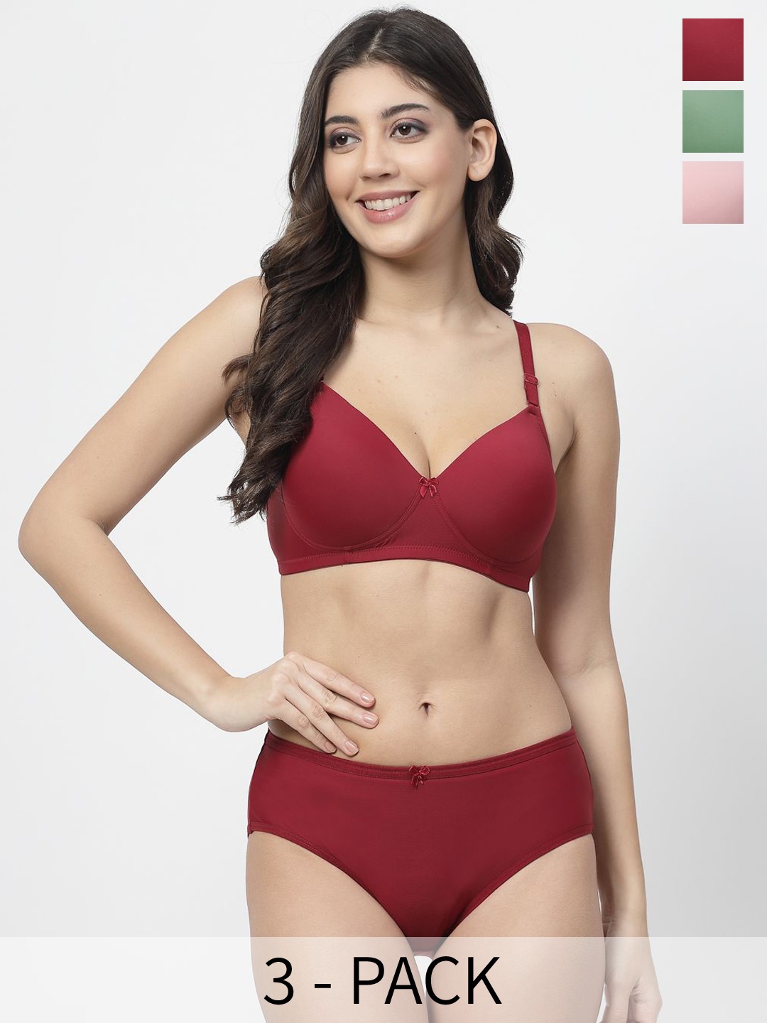

College Girl Pack Of 3 Lightly Padded Non Wired Lingerie Set, Maroon