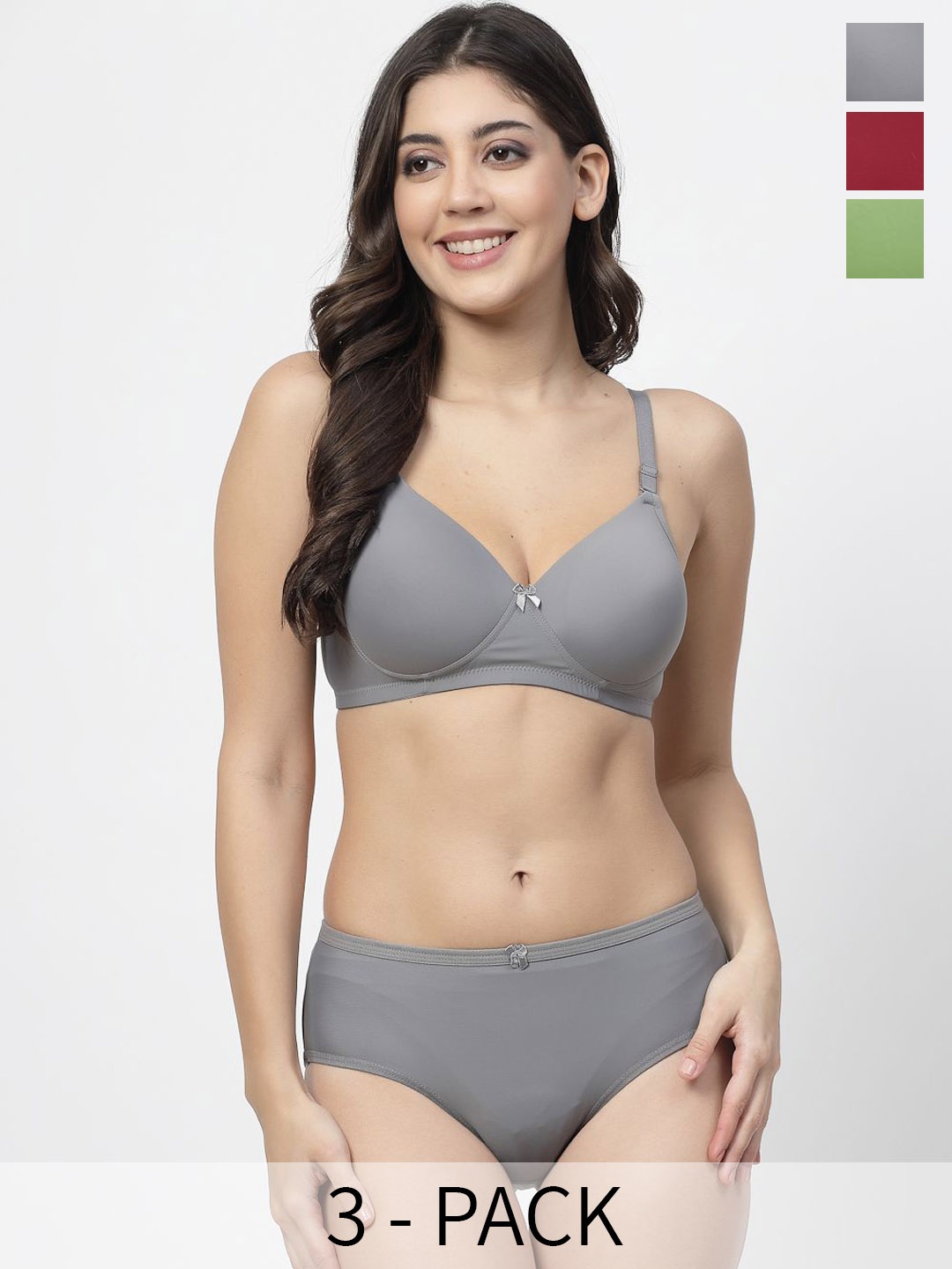 

College Girl Pack Of 3 Lightly Padded Non Wired Lingerie Set, Grey