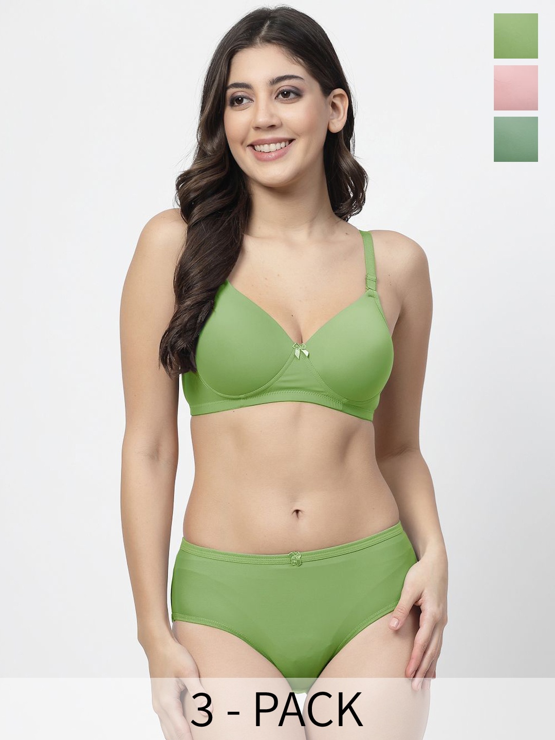 

College Girl Pack Of 3 Seamless & Lightly Padded lingerie Set, Green