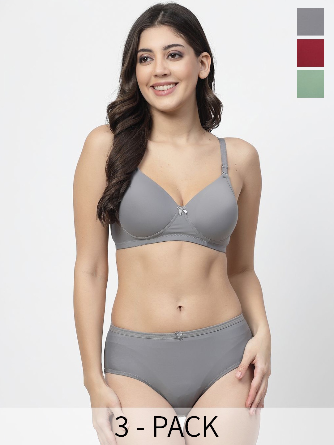 

College Girl Pack Of 3 Lightly Padded Non Wired Lingerie Set, Grey