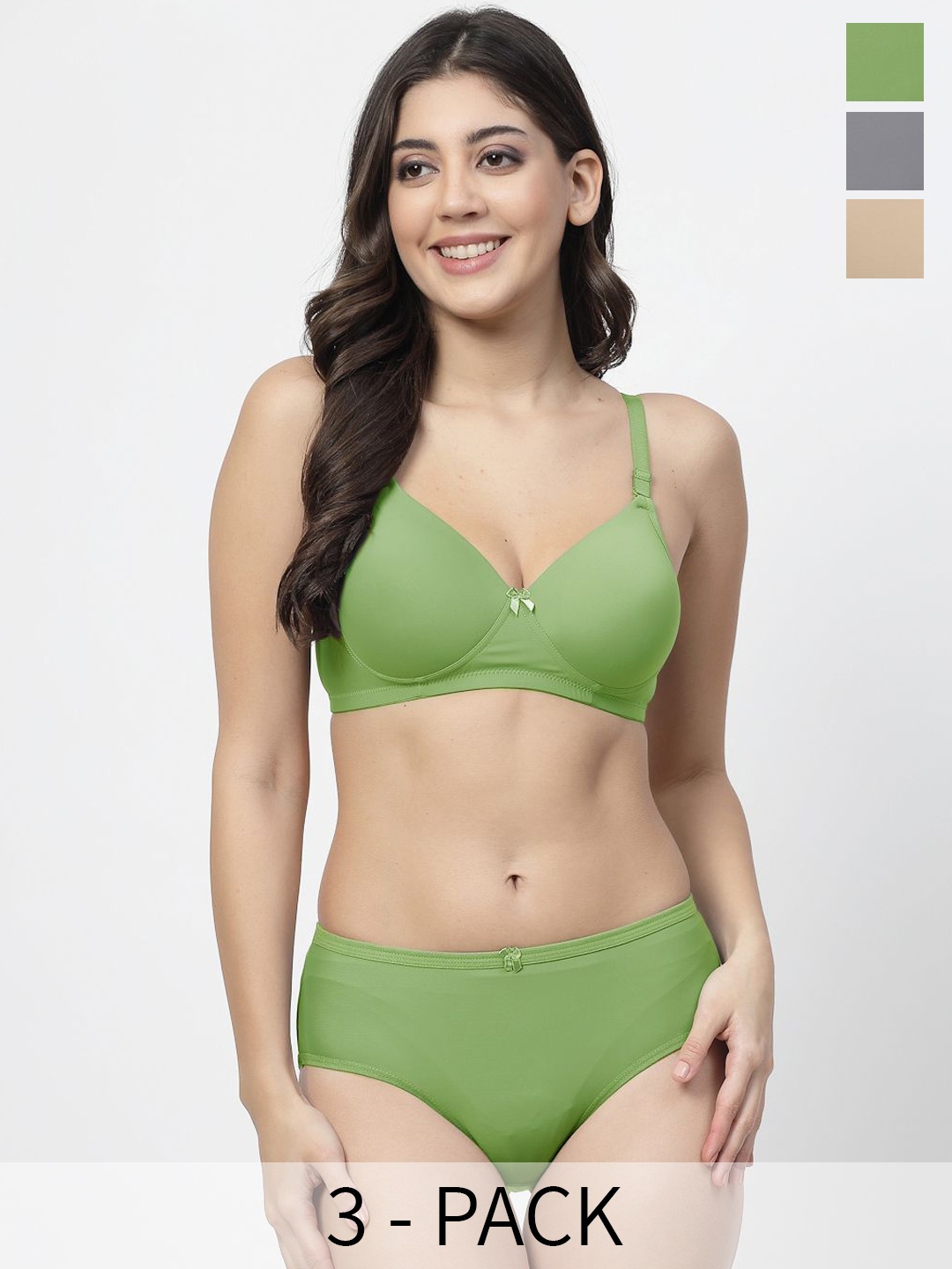 

College Girl Pack Of 3 Lightly Padded Non Wired Lingerie Set, Green