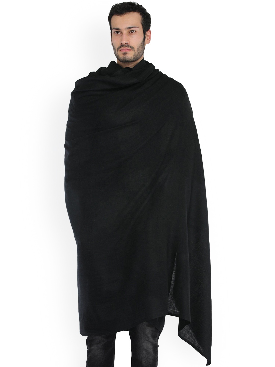 

Exotic India Jet Black Plain Men's Pure Wool Dushala (Lohi)