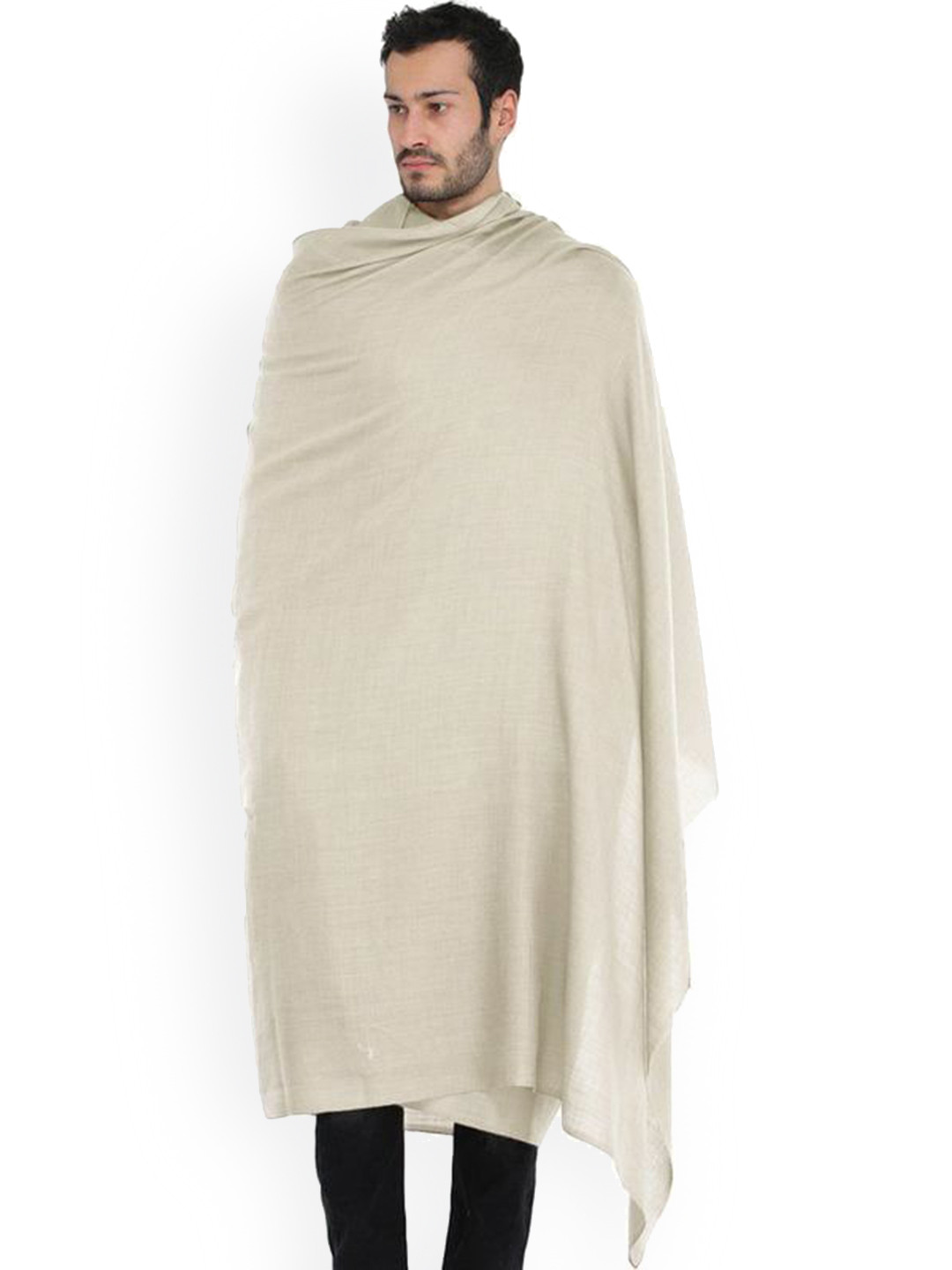 

Exotic India Biscott Brown Plain Men's Pure Wool Dushala (Lohi), Off white
