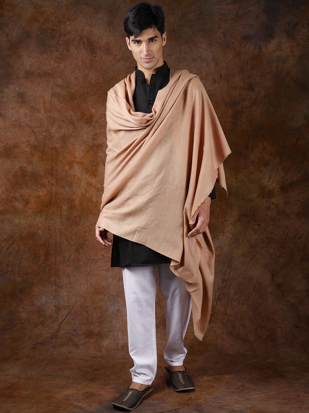 

Exotic India Ginger Root Pure Wool Men's Plain Dushala (Lohi), Beige