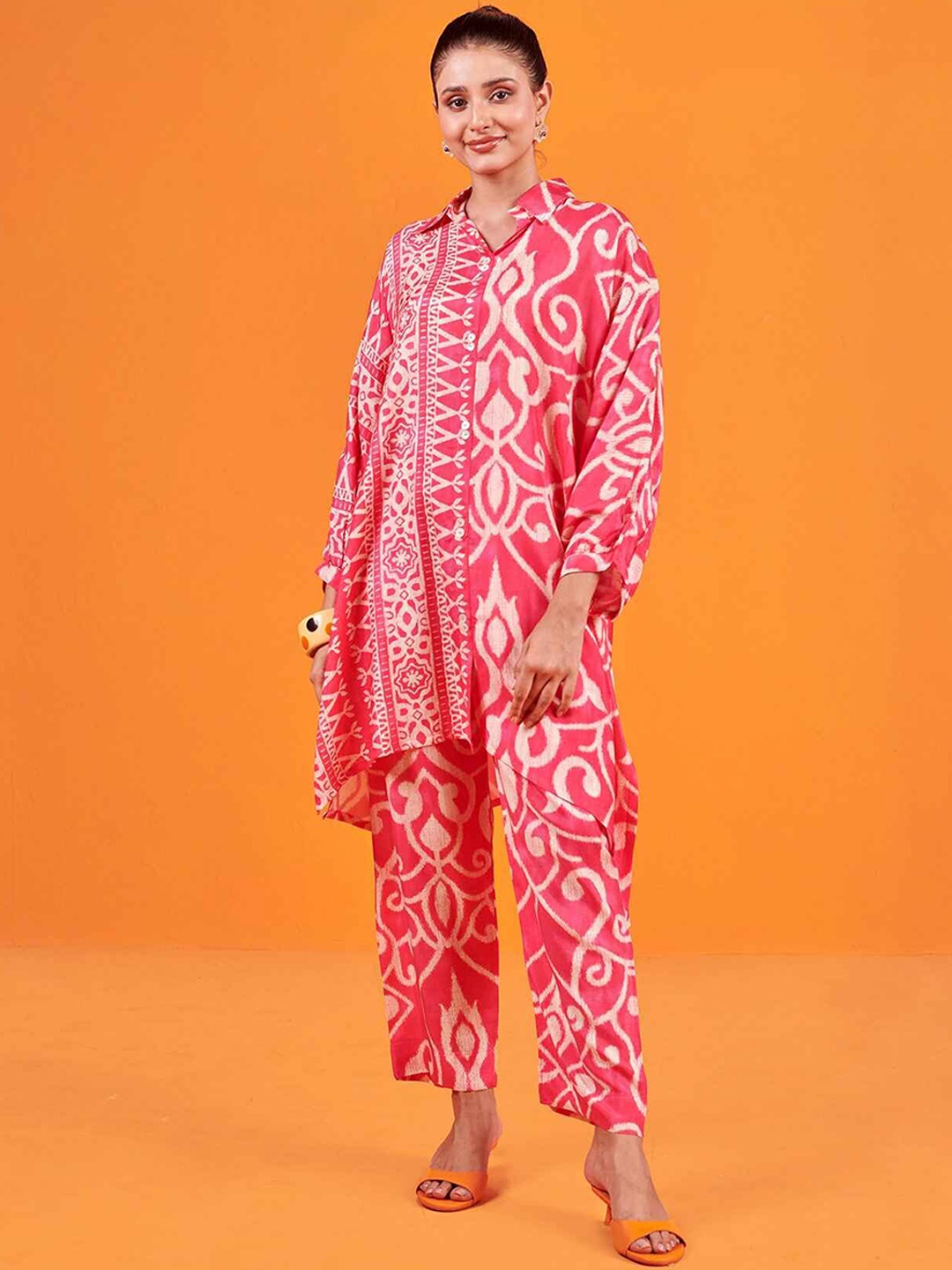 

KARAJ JAIPUR Printed Shirt Collar Tunic & Trouser, Pink