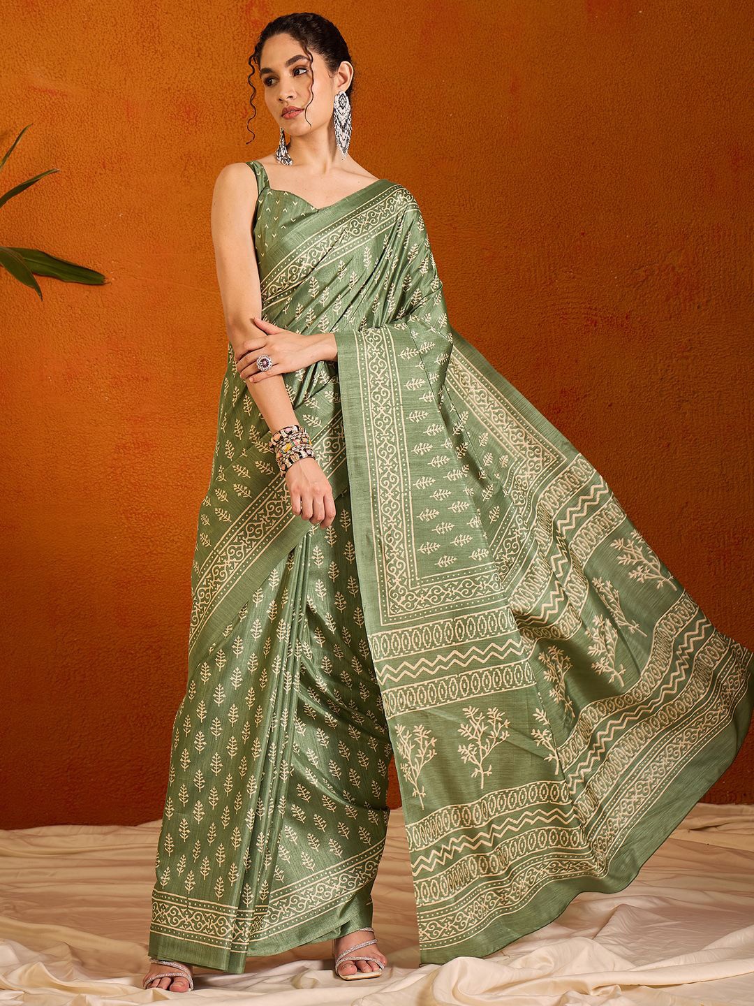 

Saree mall Ethnic Printed Bagh Sarees, Olive