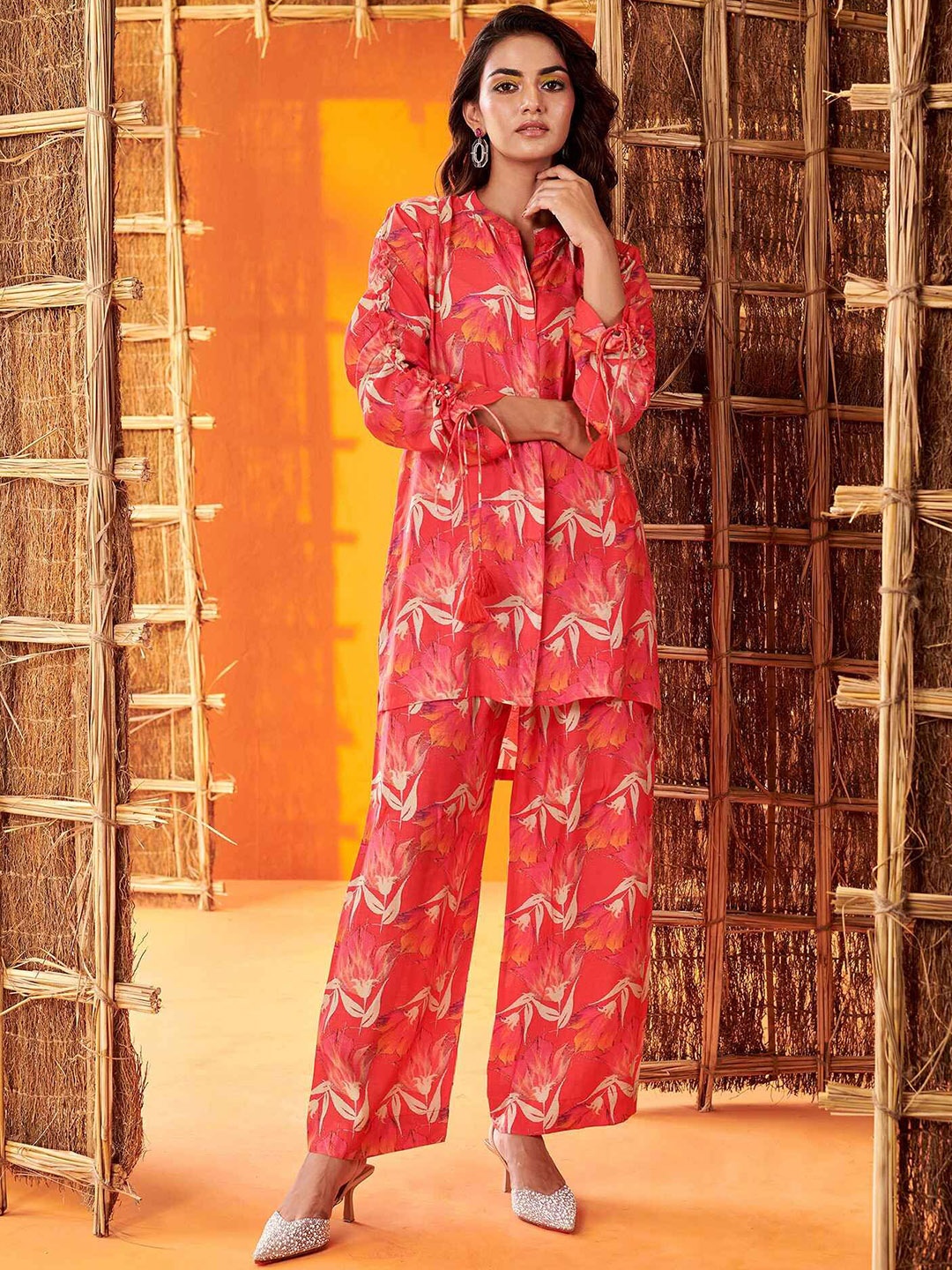 

KARAJ JAIPUR Printed Mandarin Neck Top With Flared Palazzos, Red