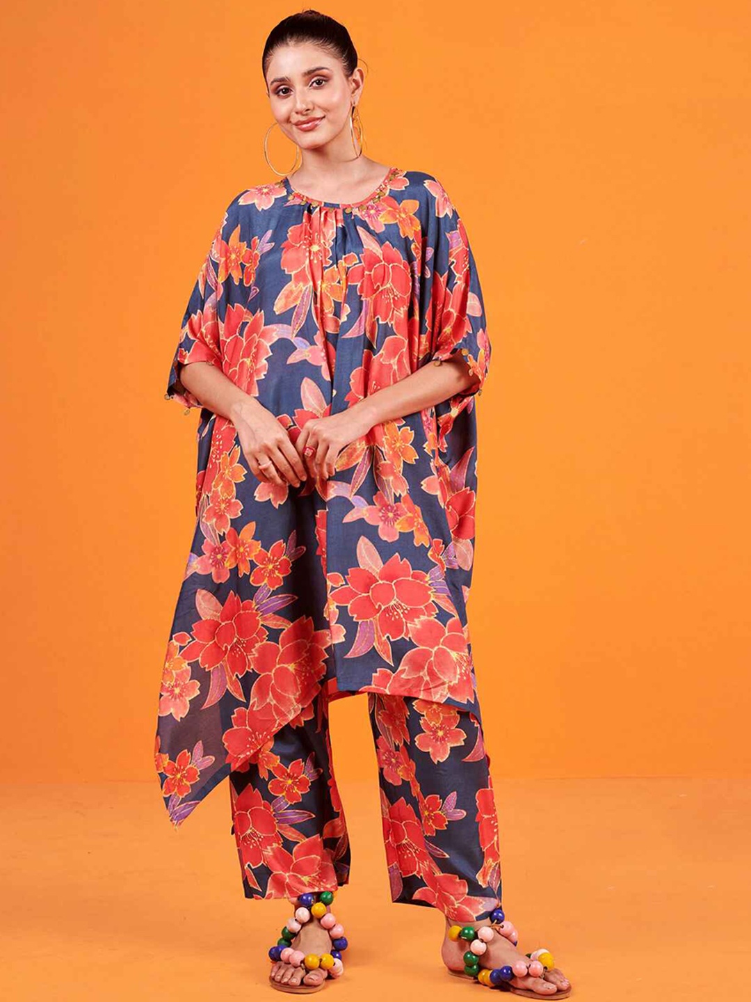 

KARAJ JAIPUR Printed Round Neck Tunic With Trouser, Blue