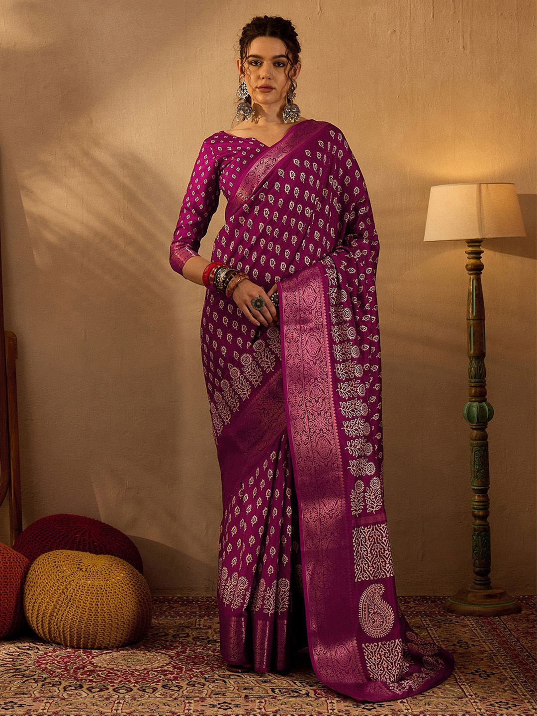 

Saree mall Bagh Zari Bagru Sarees, Magenta